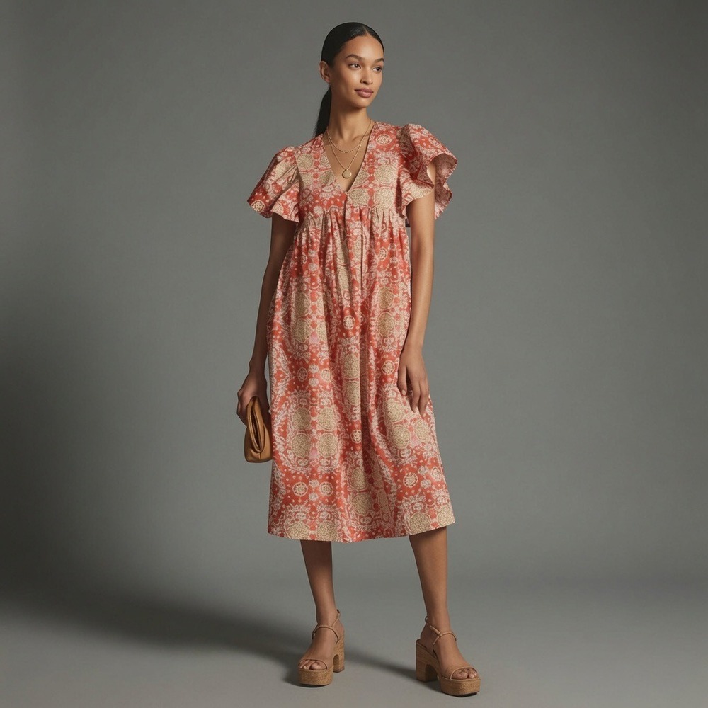 Maeve Anthropologie Printed Flutter Sleeve Babydoll Midi Dress Orange Small Boho
